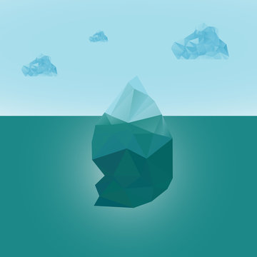 Polygonal iceberg glacier landscape with clouds. vector