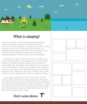 Camping template with text. Outdoors. Summer campsite photos.
