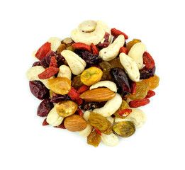 Aerial of healthy mixed fruits and nuts snack