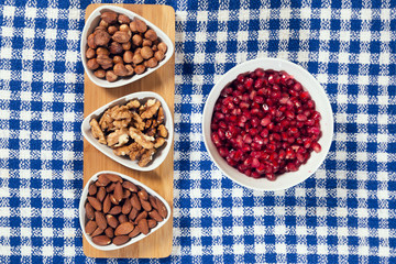 Almonds, hazelnuts, walnuts and pomegranate