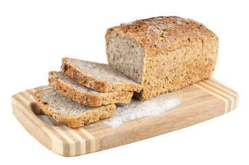 Cut wholemeal bread on a chopping board