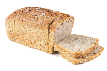 Cut wholemeal bread on white background