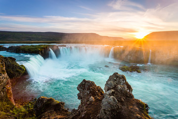 Godafoss at sunset, Iceland, amazing waterfall - obrazy, fototapety, plakaty