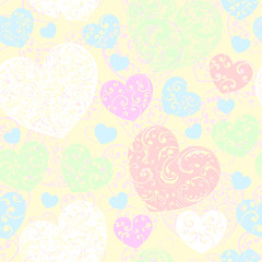 Seamless pattern of hearts, multicolored on yellow