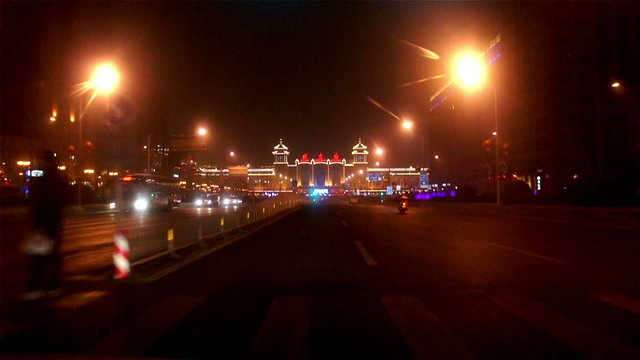 Driving towards Beijing Railway Station at night  in Beijing,