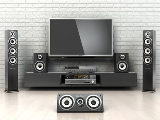 Home cinemar system. TV,  oudspeakers, player and receiver  in t