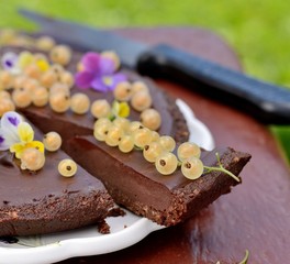 Delicious chocolate tart with berries on the white plate