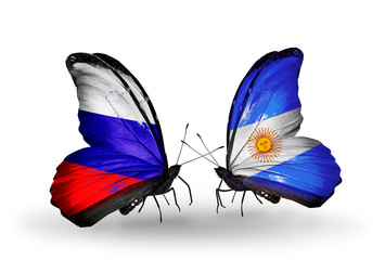 Two butterflies with flags Russia and Argentina