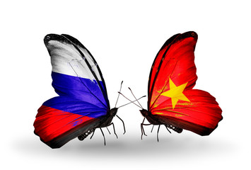 Two butterflies with flags Russia and Vietnam
