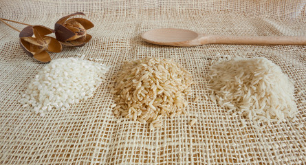 Uncooked Minerbe, Ribe and Basmati rice