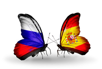 Two butterflies with flags Russia and Spain