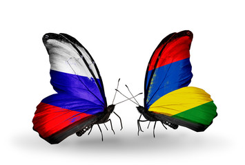 Two butterflies with flags Russia and Mauritius