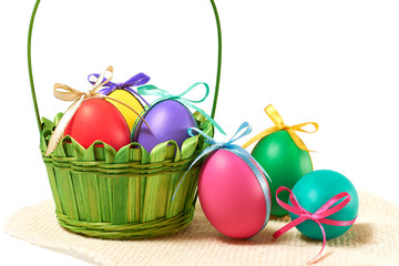 Painted Easter Eggs in decorated Basket on white background