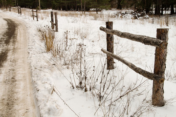 fence on a frosted road in a forest