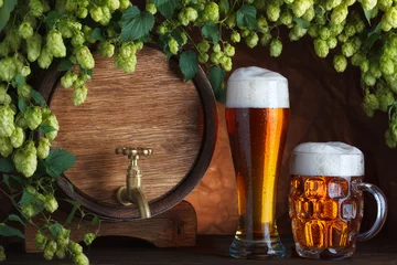 Poster Beer glasses and beer barrel with fresh hops cones still-life © nevodka.com