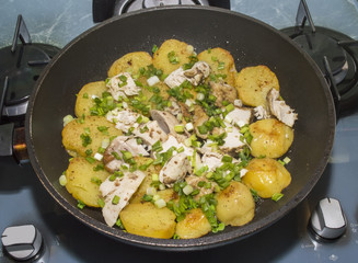 The fried potatoes and chicken with green onions