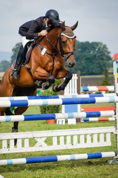 Reitsport - Hindernisreiten, Pferd und Reiter beim Absprung