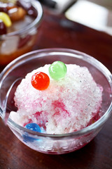 close up thai dessert from fruit and bean in cup