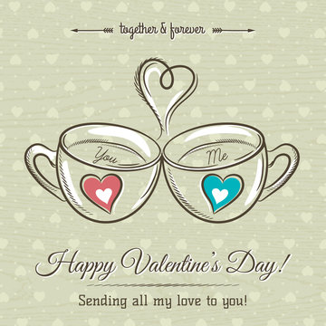 valentine card with two cup of hot drink and wishes text,  vecto