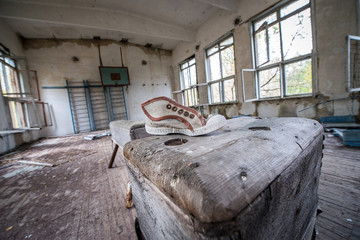 gym in ruined school in Illinci village, Chernobyl Zone, Ukraine