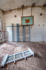 gym in ruined school in Illinci village, Chernobyl Zone, Ukraine
