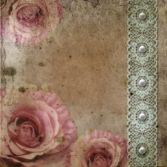 Vintage background with roses, lace  over retro paper