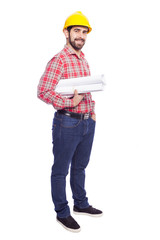 Full body portrait of young architect holding blueprints on whit