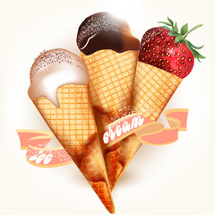 Ice cream desert with strawberry on white