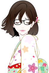 眼鏡の着物女性　風　悲しむ