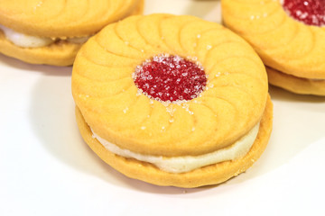 Sandwich biscuits on white background