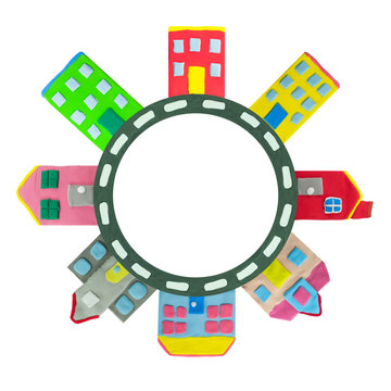 recommend clip art: Town building and house on circle road made from plasticine