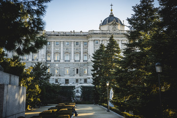 Fototapeta na wymiar Sabatini Gardens in the Royal Palace in Madrid, classical archit
