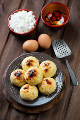Still life with curd pancakes, russian traditional dish