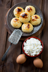 Cottage cheese pancakes, high angle view, close-up