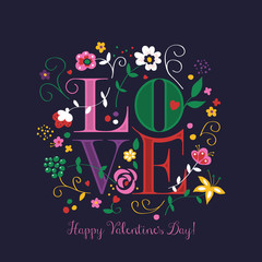 Valentine's Day greeting card design with word "Love" and flower