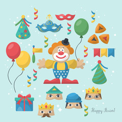 Jewish holiday Purim carnival flat icons and elements for design