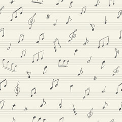 Music seamless pattern with handwritten musical notes
