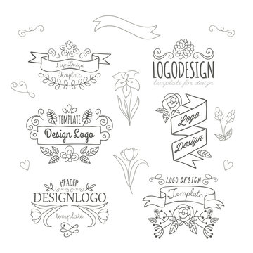 Set of logo design hand drawing elements with flowers and banner
