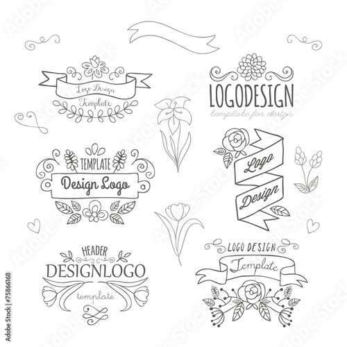 Set Of Logo Design Hand Drawing Elements With Flowers And Banner
