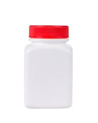 White plastic medical container with red cap on white background