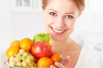 happy girl and healthy vegetarian food, fruit