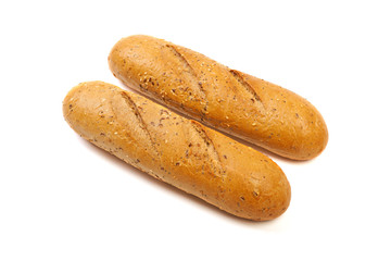 Baguette bread with various cereals isolated on a white