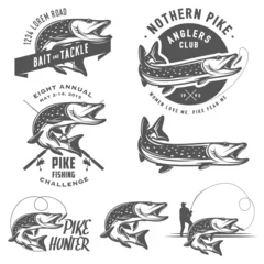 Fotobehang Vintage pike fishing emblems, labels and design elements © ivanbaranov