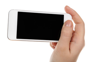 Hand holding mobile smart phone isolated on white