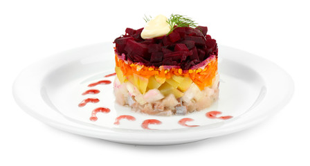 Russian herring salad on plate isolated on white
