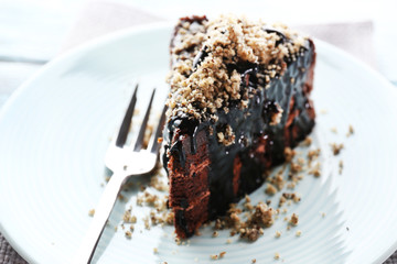 Yummy chocolate cake served on table, close-up