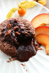 Hot chocolate pudding with fondant centre, close-up