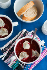 Ukrainian and russian national beetroot borsch with dumplings cl