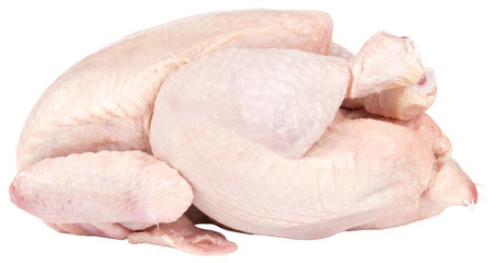 side view of raw chicken. isolated on white background.