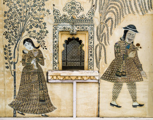 Romantic fresco painted in City Palace, Udaipur, India